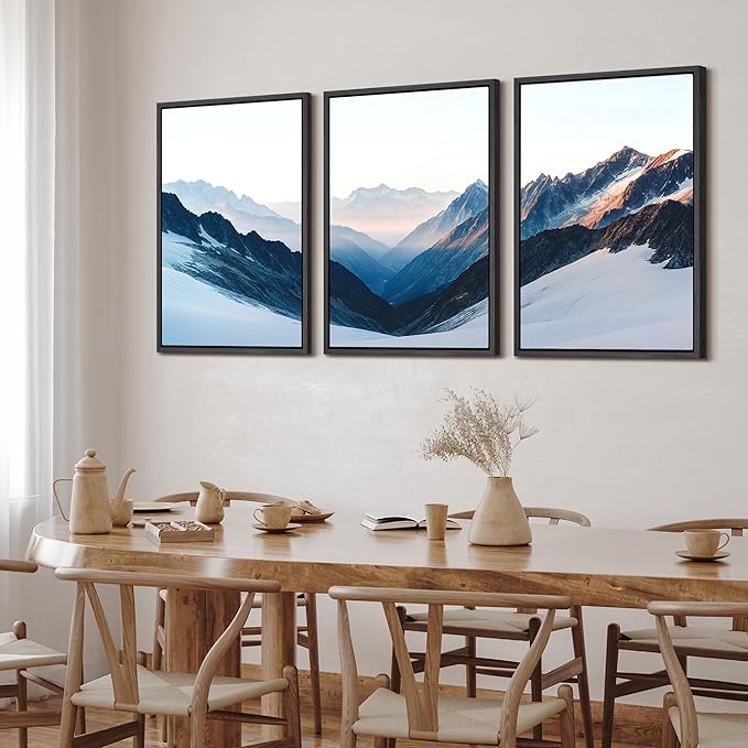 SIGNFORD Framed Wall Art Print Set Snowy Mountain Valley Majestic Winter Alpine Scene Digital Art Modern Art Contemporary for Living Room, Bedroom, Office - 24"x36"x3 Black