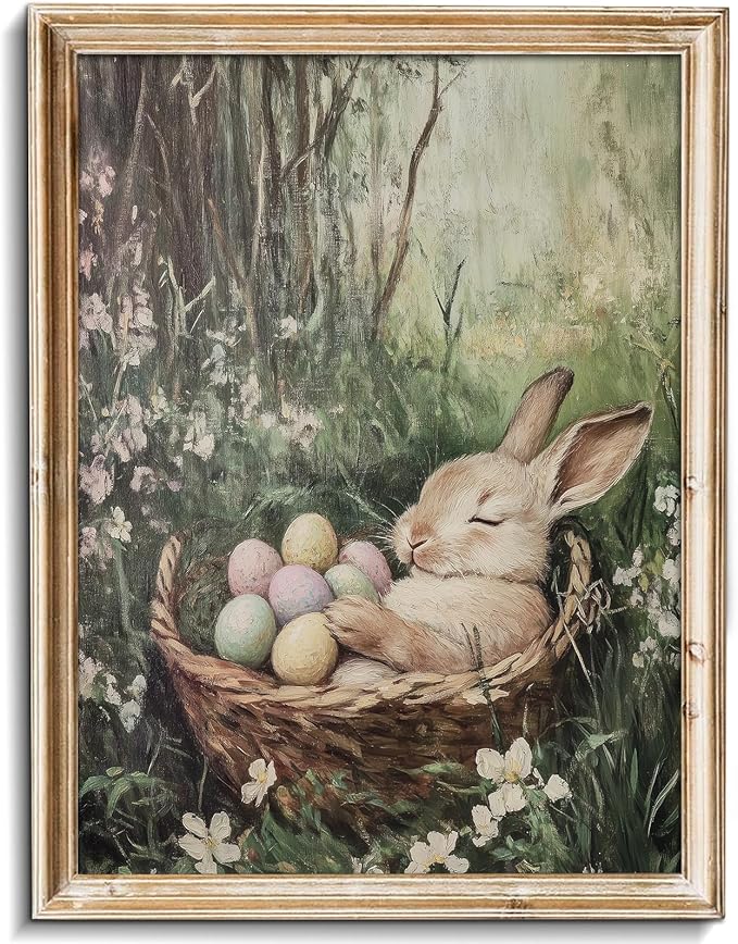 uniro Vintage Easter Rabbit Canvas Wall Art Print, Coloured Eggs and Bunny Painting, Farmhouse Home Decor for Bedroom Room Living Decor(8" x 10"-UNFRAMED)