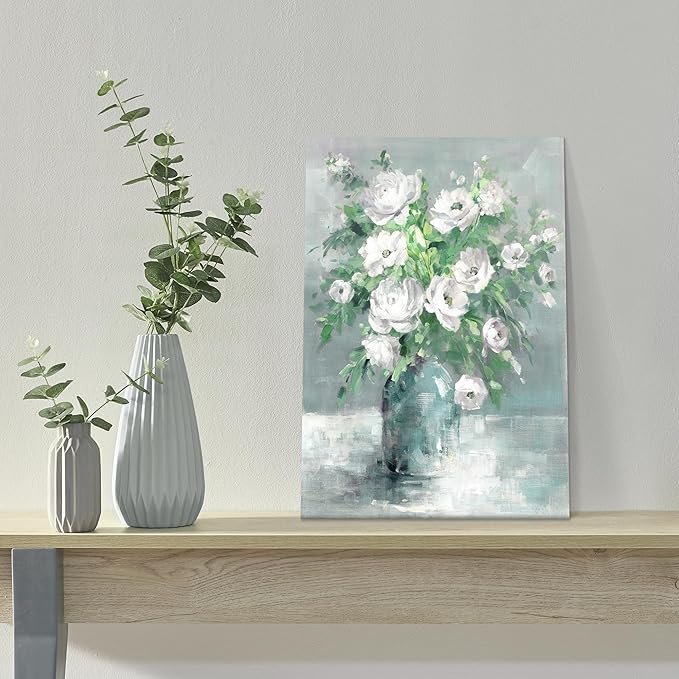 Floral Canvas Wall Art Painting White Rose Flower With Green Leaves Hand-Painted Texture Picture Artwork For Bedroom Bathroom Walls(12x16)