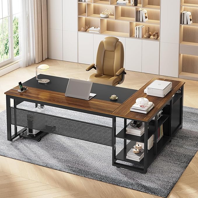 71 in Executive Desk with Power Outlets, Reversible L Shaped Computer Desk with File Drawers & Storage Shelves, Large Office Desk with Pegboard, Mobile CPU Stand, Modern Corner Desk (Walnut)