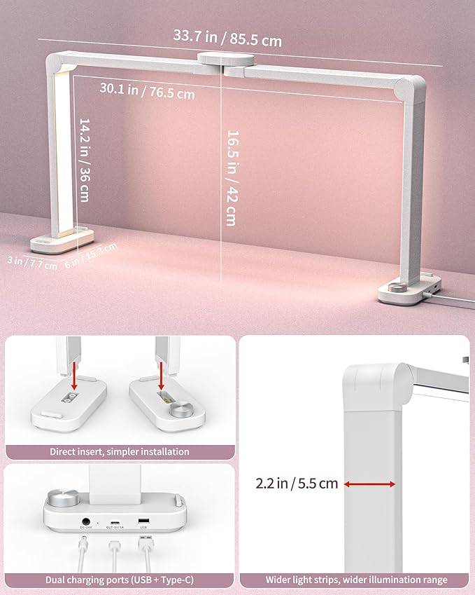 Nail Desk Lamp for Nail Tech, Foldable 34in 48W Half Moon Light with Phone Holder and USB Charging Port, 3 Color Temperature Dimmable LED Desk Light (White)