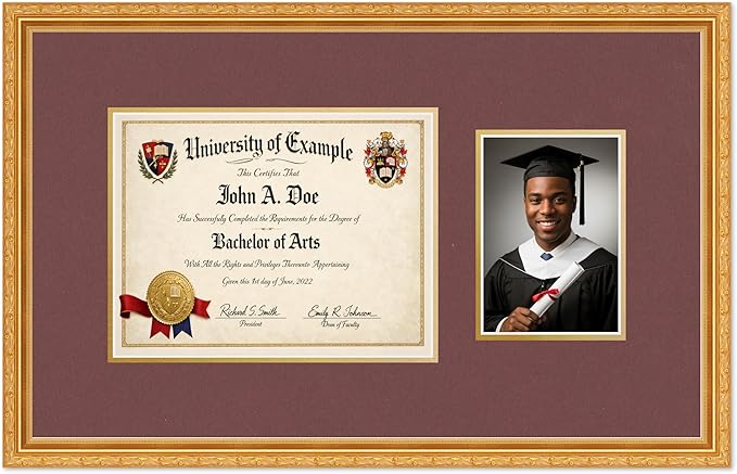 CountryArtHouse Fits 11 x 8.5 US Letter Certificate and 5 x 7 Photo Diploma and Photo Frame Museum Gold Genuine Hardwood with Dark Red Over Metallic Gold Double mat