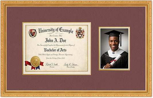 CountryArtHouse Fits 11 x 8.5 US Letter Certificate and 5 x 7 Photo Diploma and Photo Frame Museum Gold Genuine Hardwood with Dark Red Over Metallic Gold Double mat
