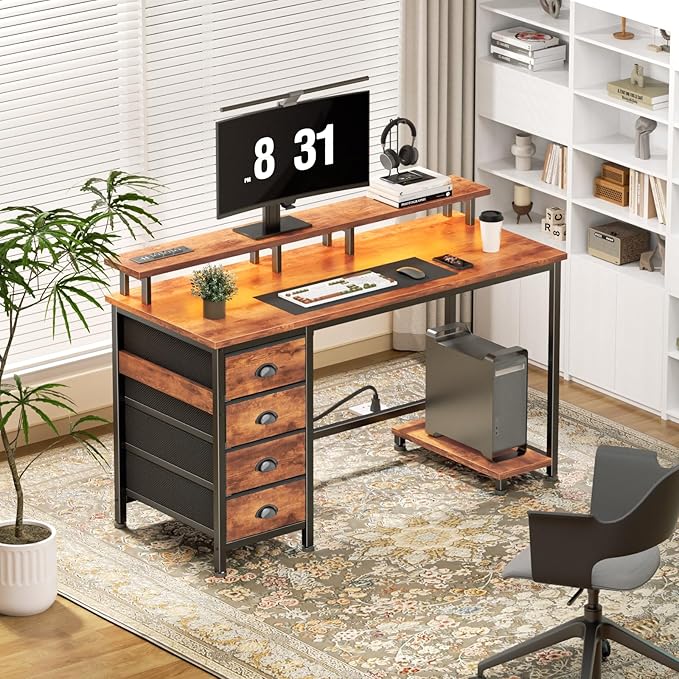 Furologee Computer Desk with Power Outlets & Monitor Stand, 47 Inch Reversible Gaming Desk with LED Lights & 4 Fabric Drawers, Writing Work Table for Home Office, Bedroom, Rustic Brown