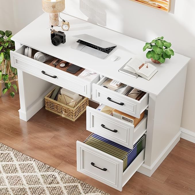 Vabches Farmhouse 47" Executive Desk with File Drawer, Computer Desk with 4 Drawers, Workstation for Study, Home Office, Writing, Cream White
