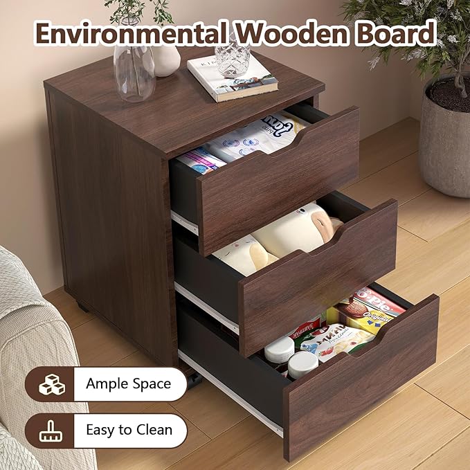 3 Drawer File Cabinet with Wheels, Heavy-Duty Steel Rolling Drawer Cabinet, Under Desk Filing Cabinet for Home Office Storage, 15.74" W x 15.74" D x 22.16" H (Brown)
