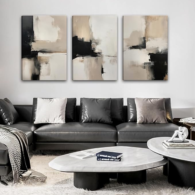 3Pcs Framed Beige Abstract Wall Art Large Modern Minimalist Posters Prints Black Brown Neutral Artist Pictures Painting for Living Room Bedroom Bathroom Office Decorations
