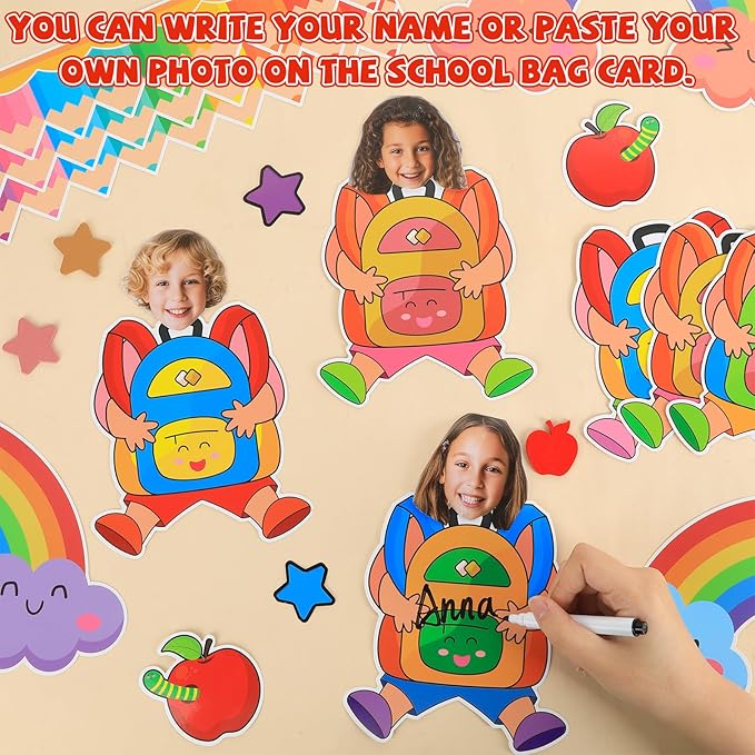 gisgfim Welcome Back to School Bulletin Board Decorations Set Schoolbag Paper Cutouts Colorful Cartoon Backpack Classroom DIY Photo Craft Bulletin Board Decor for Preschool Home Door Chalkboard Wall