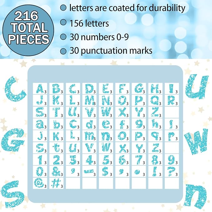 Colarr 216 Pcs Glitter Bulletin Board Letters for Classroom Number Alphabet Punctuation Symbol Cutout 4'' Die-Cut Poster Letter with Adhesive Dot School Party Holiday Decor Display(Light Blue)