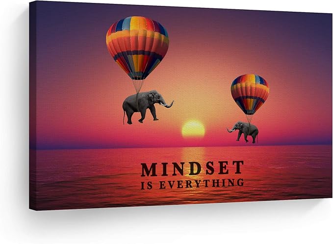 Smile Art Design Mindset is Everything Elephant with Balloon in Sunset Motivational Wall Art Canvas Print Inspirational Wall Art Entrepreneur Quote Office Living Room Decor Gift Ready to Hang 24x36
