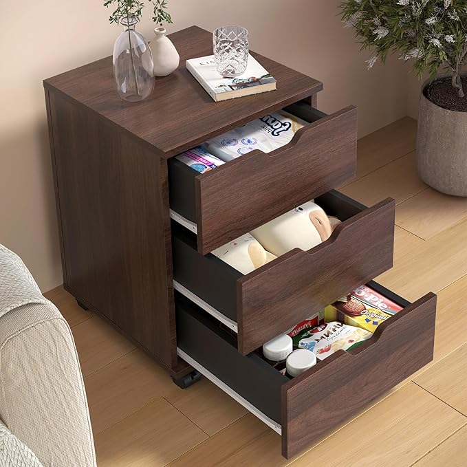 3 Drawer File Cabinet with Wheels, Heavy-Duty Steel Rolling Drawer Cabinet, Under Desk Filing Cabinet for Home Office Storage, 15.74" W x 15.74" D x 22.16" H (Brown)