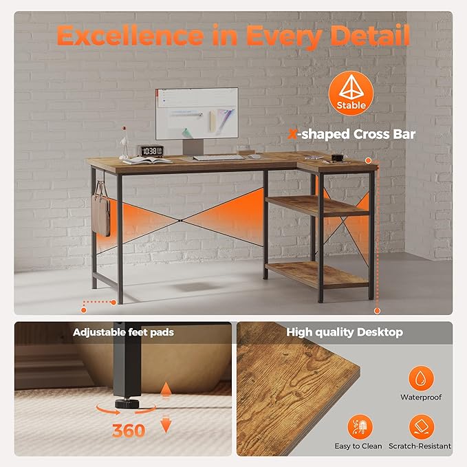 Mericonia Small L Shaped Computer Desk, Reversible Gaming Desk with Storage Shelves, Corner Gamer Desk Table, Study Writing Table