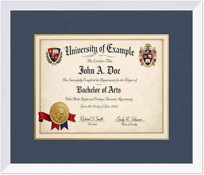 CountryArtHouse Diploma Frame Fits 14 x 11 College Diploma (Modern) - Keepsake Graduation Display Bright White Genuine Hardwood with Navy Blue Over Metallic Gold Double mat