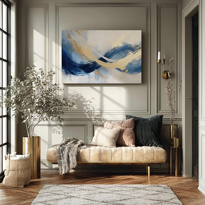 gaosoul Blue Gold Abstract Canvas Art Modern Oil Painting Giclee Print Bold Navy Azure Swirls with Metallic Gold Highlights for Living Room Home Office Decor Framed 30x20in
