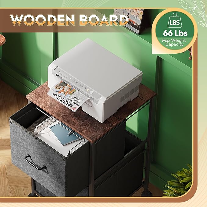 DEVAISE 2 Drawer Mobile File Cabinet, Rolling Printer Stand, Fabric Vertical Filing Cabinet fits A4 or Letter Size for Home Office, Rustic Brown Wood Grain Print