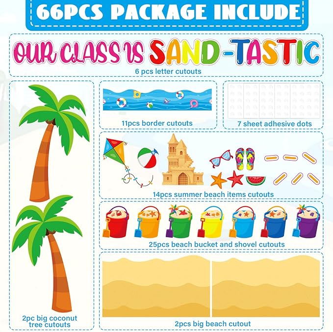 Summer Bulletin Board Decorations Set Our Class is Sand-Tastic Classroom Decor Bucket Hawaii Beach Theme Party Paper Cutouts for Back to School Office Teacher Chalkboard Wall Supplies Favor