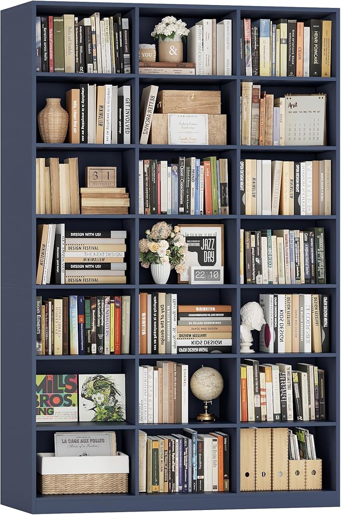 HOSTACK 86" H Triple Wide Bookshelf and Bookcase, 7 Tier Tall Bookshelf with Storage, Large Bookcase with 21 Open Display Storage Shelves, Wood Book Shelf Media CD DVD Storage for Living Room, Blue