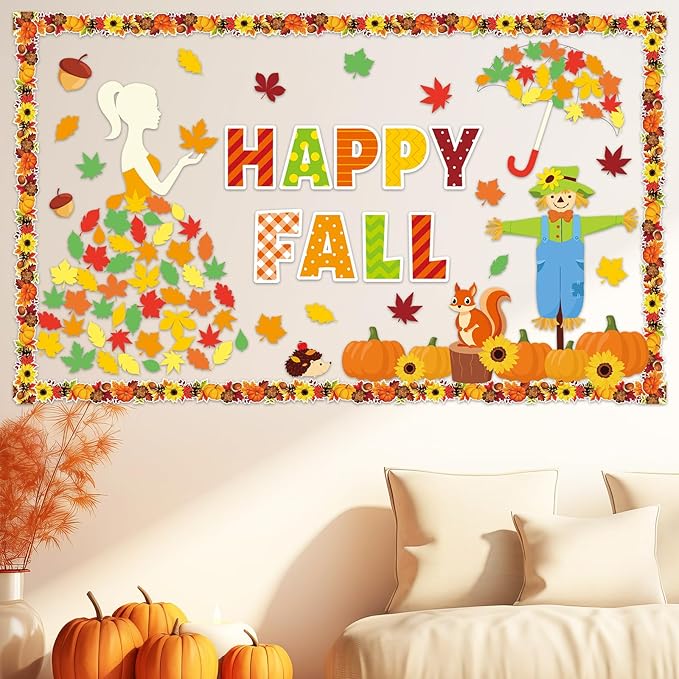 gisgfim Thanksgiving Fall Bulletin Board Decorations Happy Autumn Themed Party Paper Cutouts Maple Leaf Pumpkin Squirrel Bulletin Board Set for Home School Classroom Wall Decoration Decor Supplies