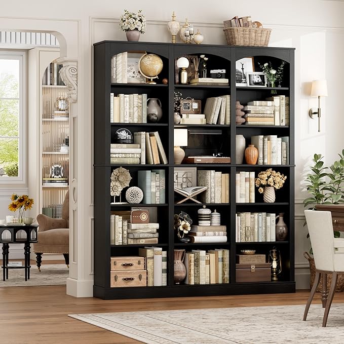 FACBOTALL 71" Triple Wide Bookshelf, 6 Tier Tall Bookshelf, Large Book Shelf with Curved Baffle, 63.4" Wide Bookcase with 18 Open Display Shelves for Living Room, Study, Black