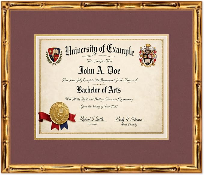 CountryArtHouse Diploma Frame Fits 14 x 11 College Diploma (Modern) - Keepsake Graduation Display Gold Bamboo Genuine Hardwood with Dark Red Over Metallic Gold Double mat