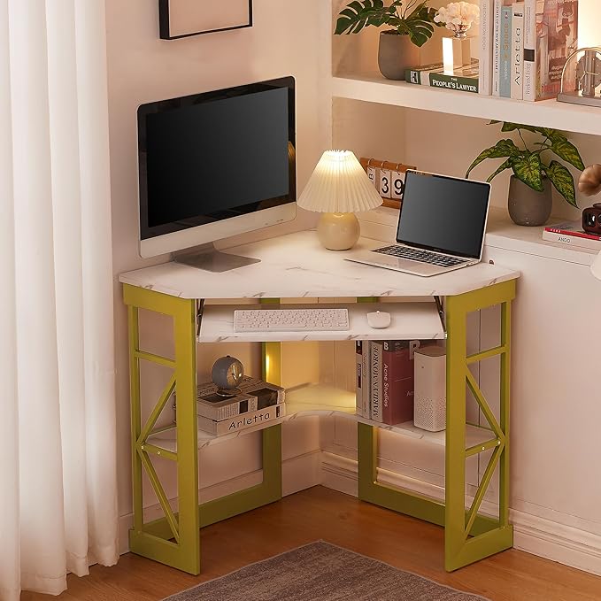 VECELO Corner Computer Desk 41 x 30 inches with Smooth Keyboard & Storage Shelves for Home Office Workstation,White & Gold