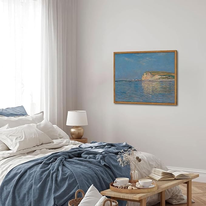 Framed Monet Coastal Wall Art Decor – Impressionist Beach Oil Painting Canvas Prints – Vintage Beachy Landscape Classic Aesthetic Wall Decor for Living Room Bedroom Bathroom – 12"x16"