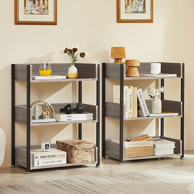 VECELO Bookshelf,Small Bookcase,3-Tier Storage Organizer,Industrial Shelving Unit for Living Room,Classroom,Office,Dormitory,Set of 2,Brown