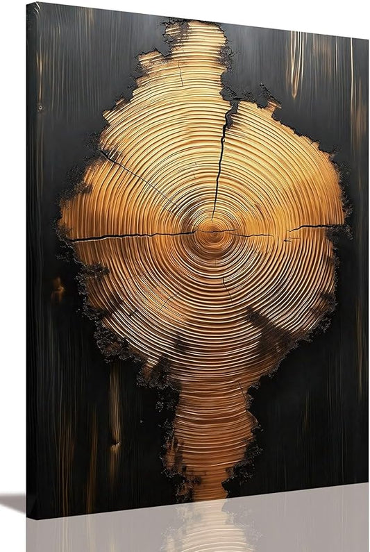 IBHJSART Framed Tree Ring Canvas Wall Art Black And Gold Wall Art Painting Prints Modern Minimalist Pictures Neutral Nature Rustic Farmhouse Decor Living Room Bedroom Bathroom Office