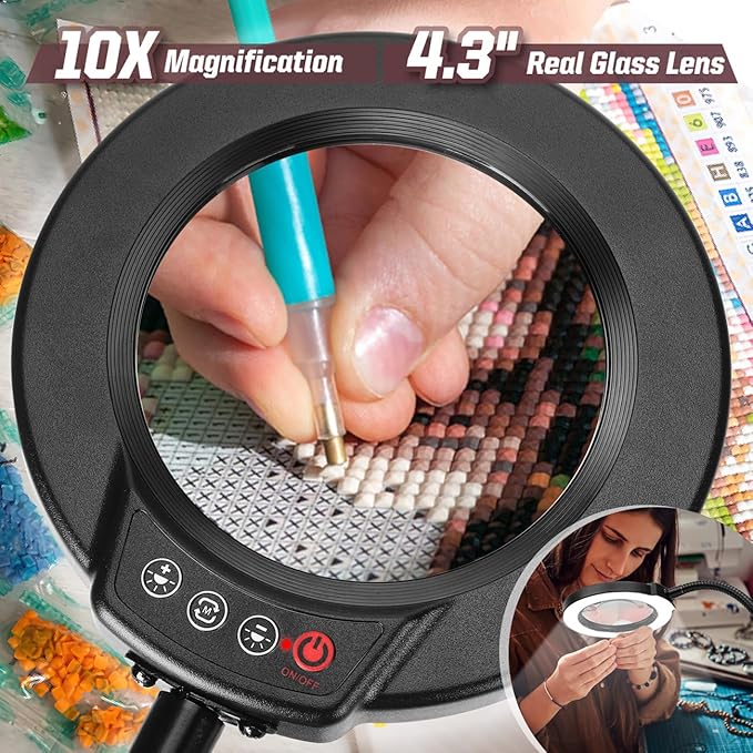 10X Magnifying Glass with Light and Stand, 16.5in Flexible Goose-Neck, 5 Color Modes Stepless Dimmable LED Lighted Desk Lamp, Hands Free Magnifier for Crafting Hobby Painting Close Work - Black