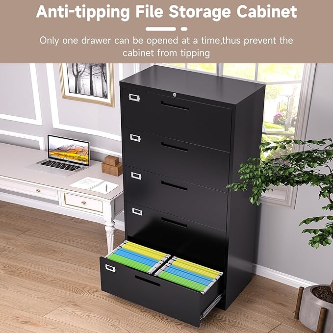 5 Drawer Lateral File Cabinet with Lock, Metal Filing Cabinets for Home Office, Wide Locking File Caninets, Black Office Storage Cabnet for Hanging Letter/Legal / A4 / F4 - Assembly Required