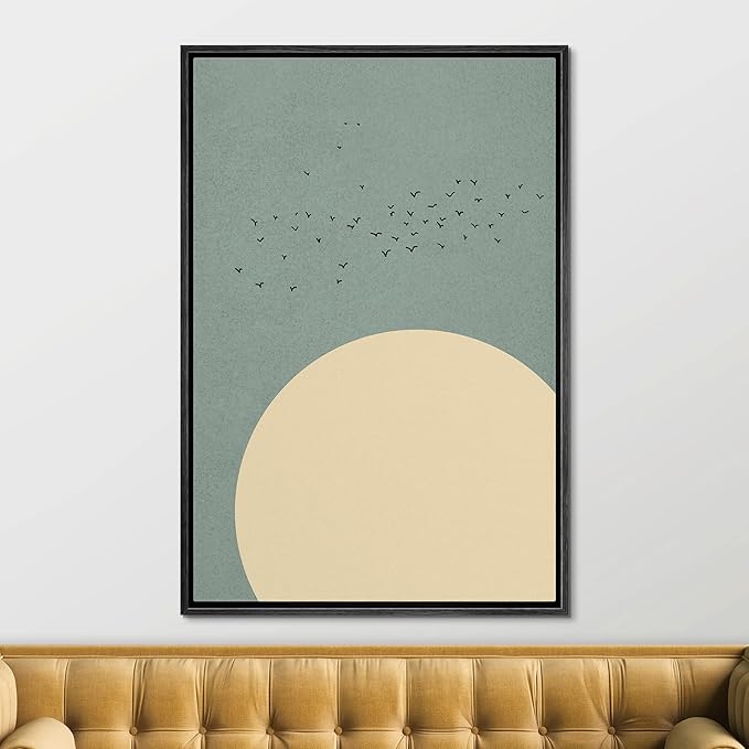 SIGNFORD Framed Canvas Print Wall Art Large Tan Sun Under Flock of Birds Abstract Wilderness Digital Art Modern Art Southwest Colorful for Living Room, Bedroom, Office - 16"x24" Black