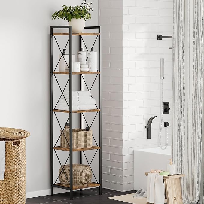 Homhedy 5 Tier Bookshelf, Tall Narrow Bookcase for Small Space, Metal Storage Book Shelf, for Home Office, Living Room, Kitchen, Bedroom, Industrial Style, 10.4" D x 13" W x 55.1" H, Rustic Brown