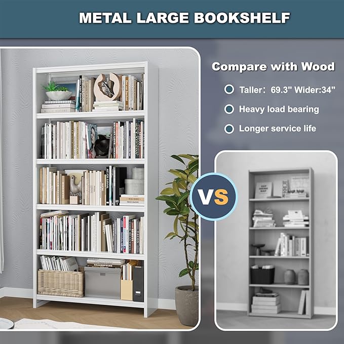 Bookshelf,5 Tier Bookshelves,69" Tall Metal White Bookcase,Install Simple Bookshelves for Bedroom, Living Room,Home Office/Library, White