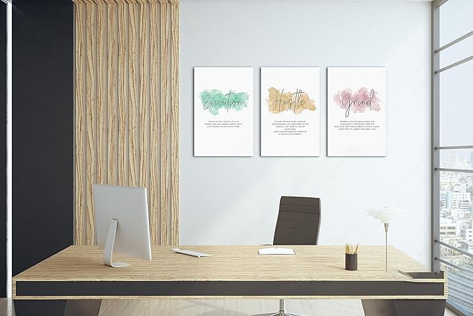 SHMAO Office Canvas Wall Art Motivational Wall Decor, 3 Piece Execution Hustle Grind Print Pictures for Office Wall Decor Women Inspirational Framed Artwork Home Office Decor 12”x18”x3 Panels