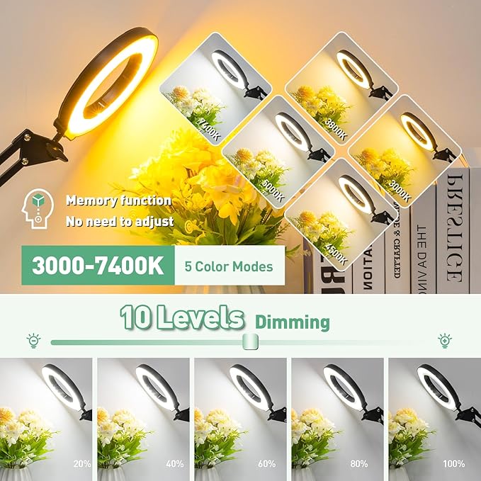 12X Magnifying Glass with Light, Ultra Long 3 Section Swing Arm LED Desk Lamp with Large Clamp, 5 Color and Brightness Magnifier Light Stand for Reading Painting(12X 35in Circular Button Clamp)