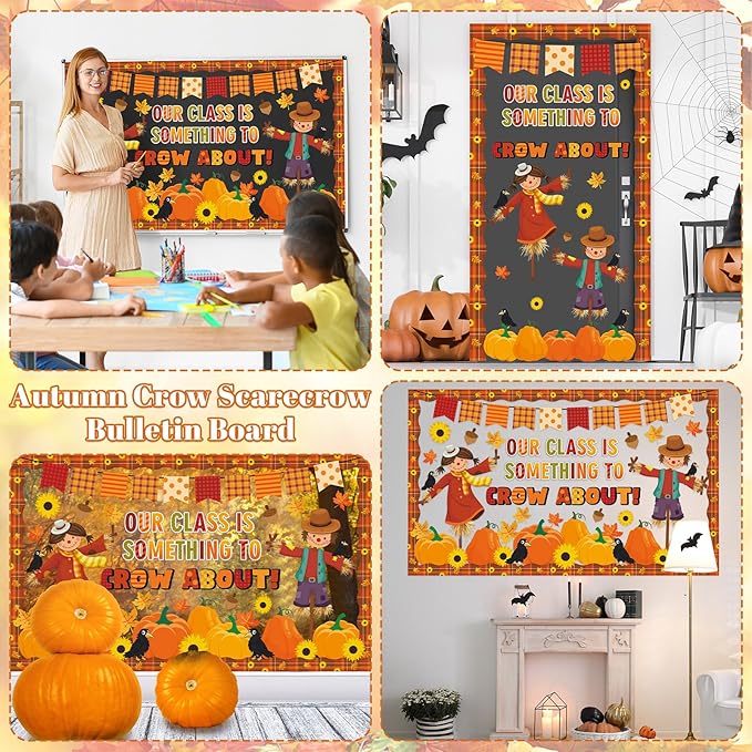 Fall Bulletin Board Decorations Set Scarecrow Crow Classroom Decor Pumpkin Maple Leaf Paper Cutouts for Thanksgiving Autumn Party Motivational September School Classroom Chalkboard Wall Supplies Favor
