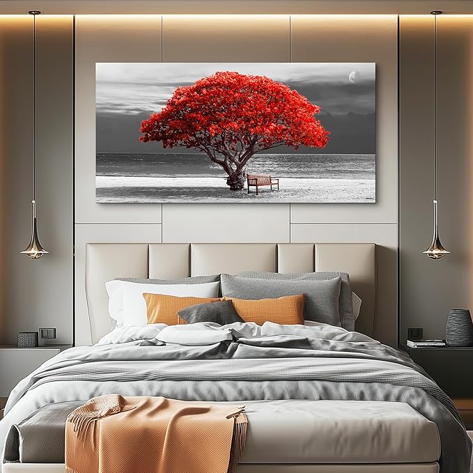 wall art for living room Decorations Photo Prints - panoramic black and white with red trees The moon Landscape - Modern Home Decor The room Stretched and Framed Ready to Hang artwork 30x60inches