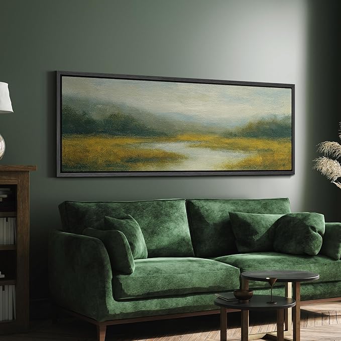 SIGNFORD Large Framed Canvas Misty Meadow River Landscape Illustrations Modern Art Calm Warm for Living Room, Bedroom, Office - 60"x20"