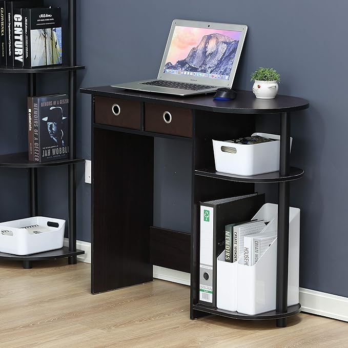 Furinno GO GREEN Desk, 31.5" Wide Gaming Desk with 2 Side Shelves and Storage Bins, Computer Desk, Office Desk for Home Office, Study Room, Dorm, Bedroom, Dark Walnut