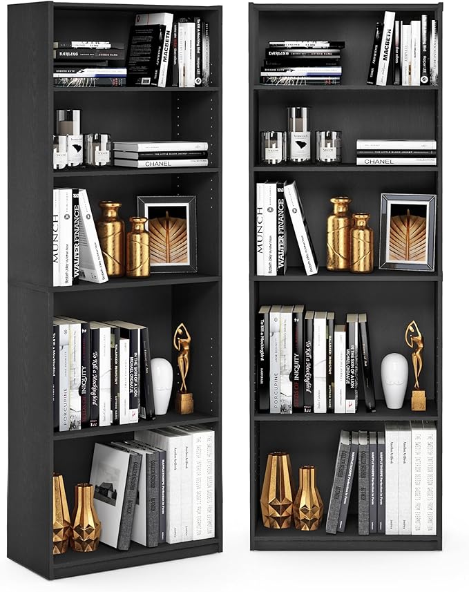 Furinno Jaya Book Shelf Set of 2, 5-Tier Bookshelf, Bookcase, with Adjustable Shelf, 9.5 x 24.5 x 71, for Home Office, Living Room, Black