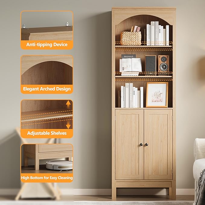 Bookshelf with Doors, 71" Tall Wood Book Shelf with Cabinet, 24" Wide Arched Bookcase with Adjustable Shelf, Floor Standing Display Storage Cabinet for Home Office, Study and Living Room, Natural Oak