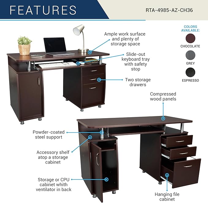 Techni Mobili 47.5'' Computer Desk with File Cabinet and Drawers, Storage Cabinet with Removable Shelf and Ventilation for CPU, Home Office Desk or Computer Workstation with Keyboard Tray (Chocolate)