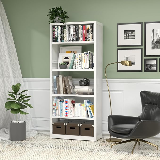 5 Tiers Bookshelf, Metal Storage Organizer Book Rack, Modern White Bookcase Shelf, Utility Shelf, Adjustable Garage Shelving, Organizer Rack for Kitchen, Laundry, Garage, Bathroom, Pantry, Office