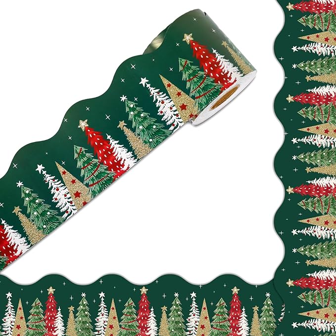 65Ft Christmas Bulletin Board Border Xmas Pine Tree Green Scalloped Die Cut Border Trim Roll for Home Classroom Party Wall Decoration