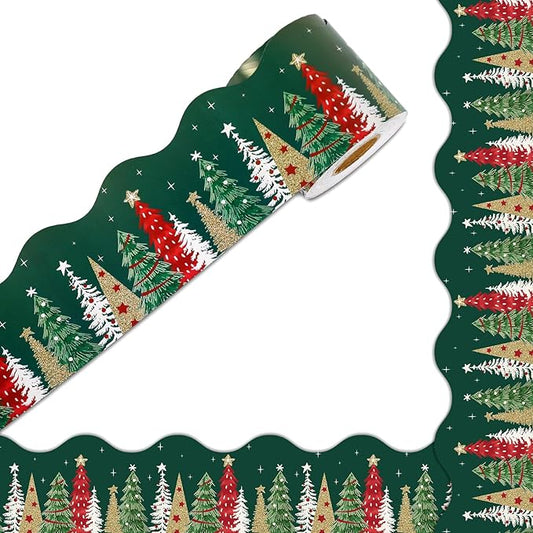 65Ft Christmas Bulletin Board Border Xmas Pine Tree Green Scalloped Die Cut Border Trim Roll for Home Classroom Party Wall Decoration