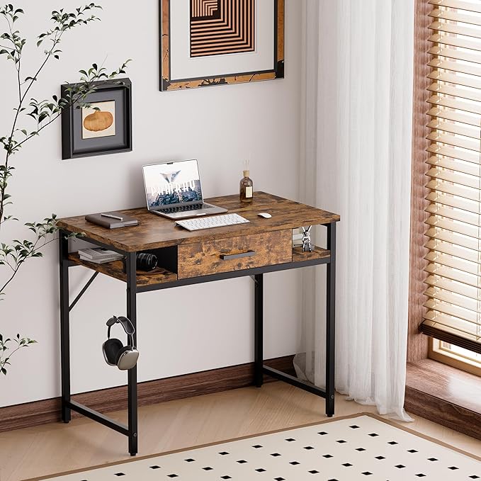 Pamray 32 Inch Small Computer Desk with Drawer and Shelves Simple Study Work Table for Bedroom Vintage