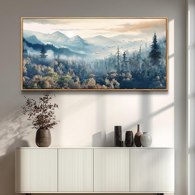 MHARTK66 Foggy Forest Trees Landscape Wall Painting - Large Art for Living Room, Bedroom, Office - Wood Framed Decor Canvas Prints Ready to Hang