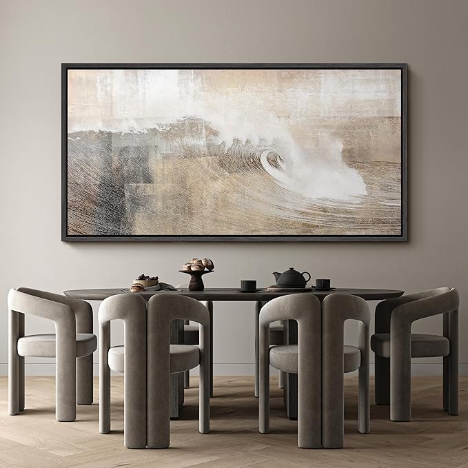 SIGNFORD Extra Large Framed Canvas Neutral Ocean Wave Abstract Illustrations Modern Art Calm Warm for Living Room, Bedroom, Office - 60"x30"