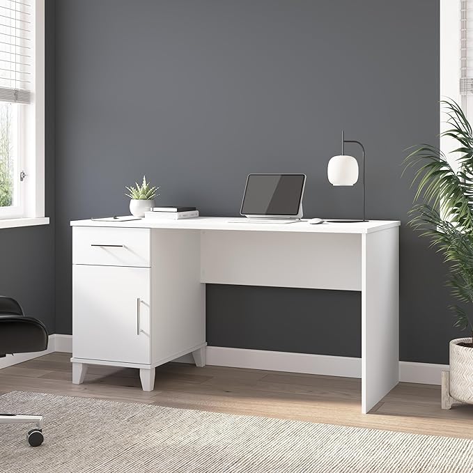 Bush Home Somerset 54W Office Desk with Drawer and Cabinet in White, Computer Table with Storage for Home Office Workspace