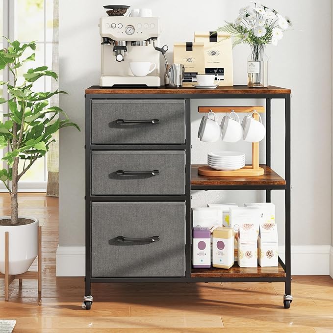 GOFLAME 3 Drawer Mobile File Cabinet with Charging Station, Rolling Printer Stand with Open Storage Shelves, Wooden Storage Cabinet on Wheels for Home Office (Rustic Brown and Gray)